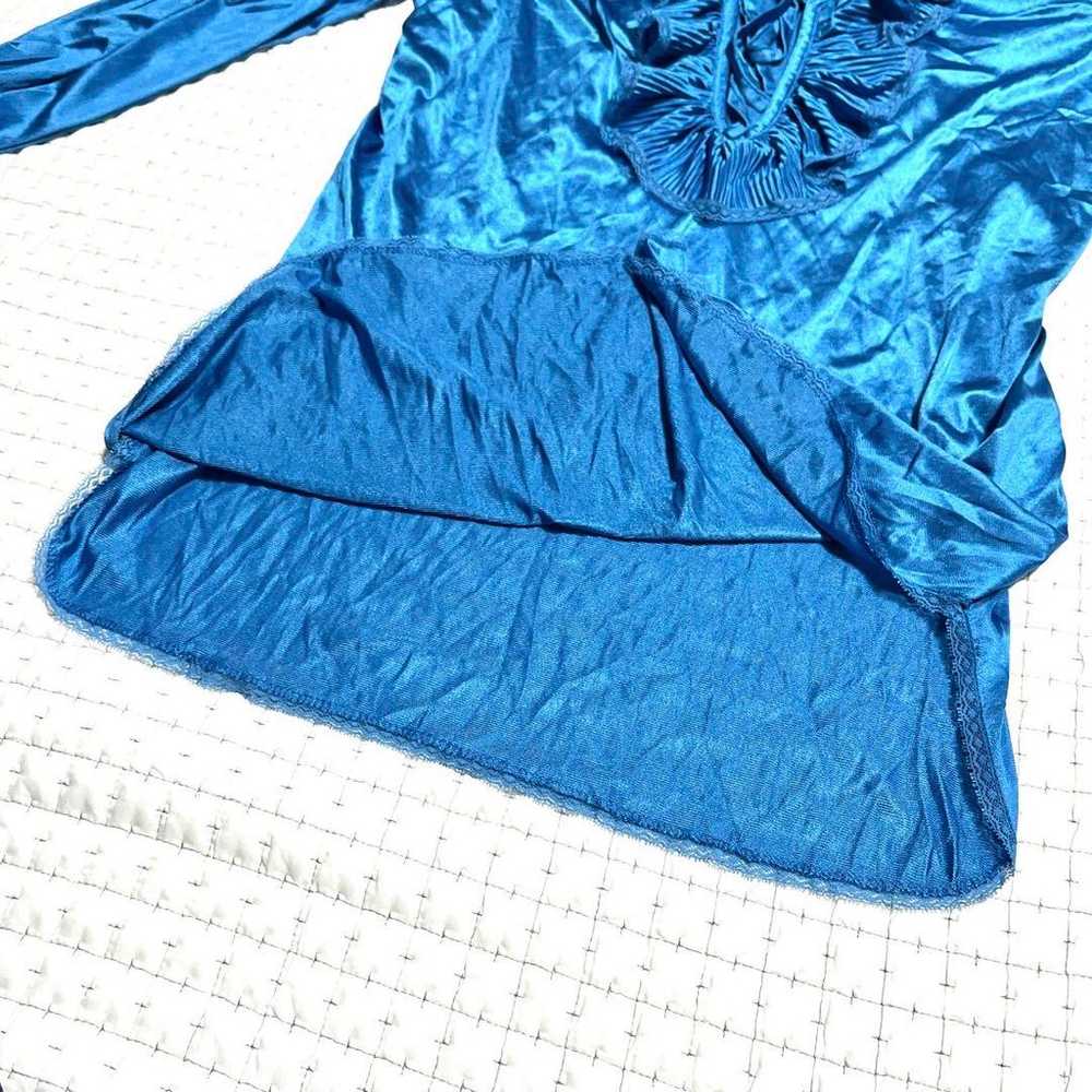 Frill Blouse Gather Top Tunic Blue Satin Vintage … - image 11