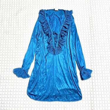 Frill Blouse Gather Top Tunic Blue Satin Vintage … - image 1