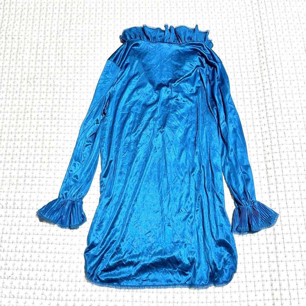 Frill Blouse Gather Top Tunic Blue Satin Vintage … - image 2