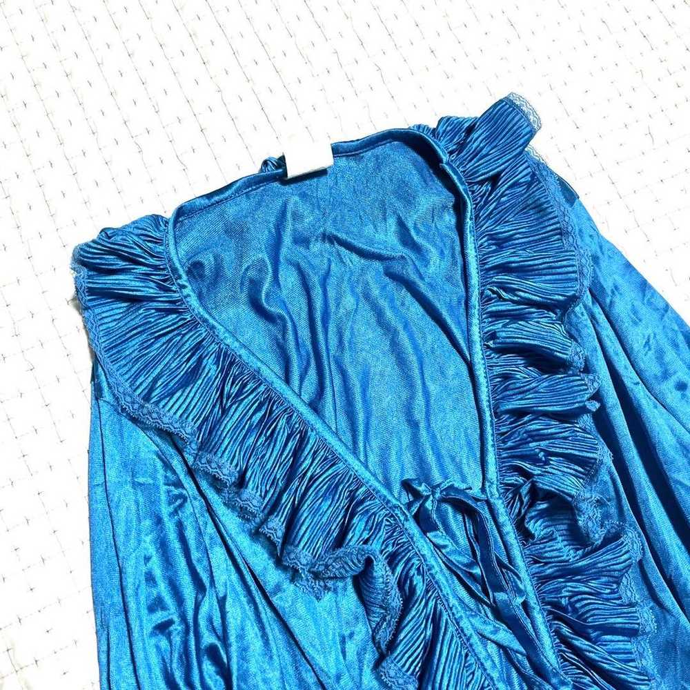 Frill Blouse Gather Top Tunic Blue Satin Vintage … - image 3