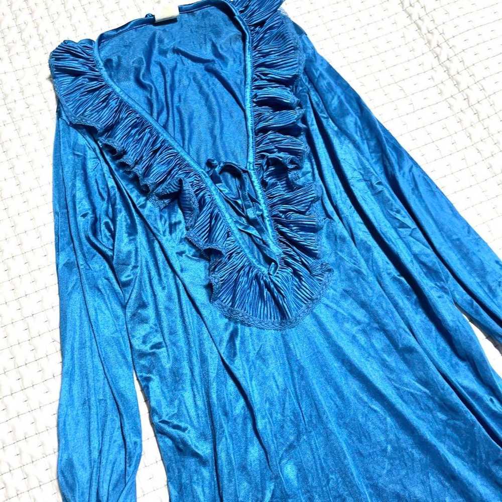 Frill Blouse Gather Top Tunic Blue Satin Vintage … - image 4