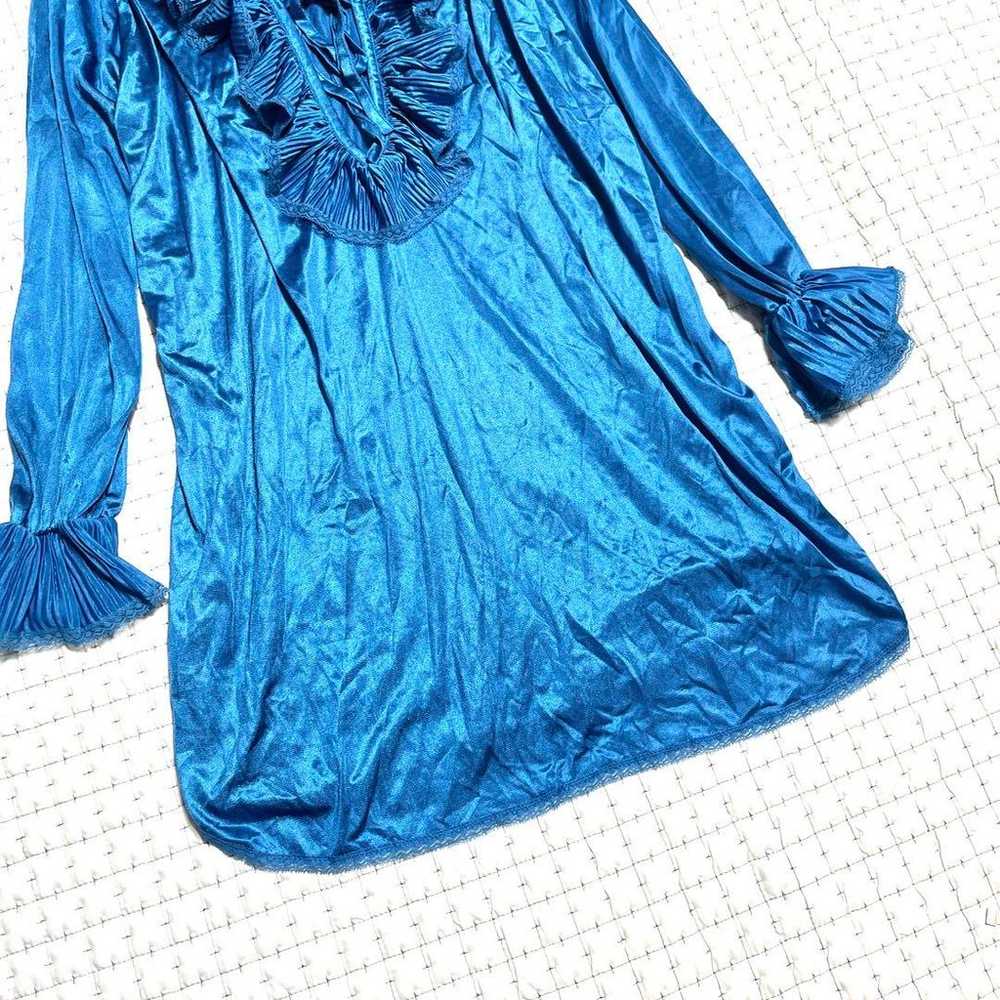 Frill Blouse Gather Top Tunic Blue Satin Vintage … - image 5