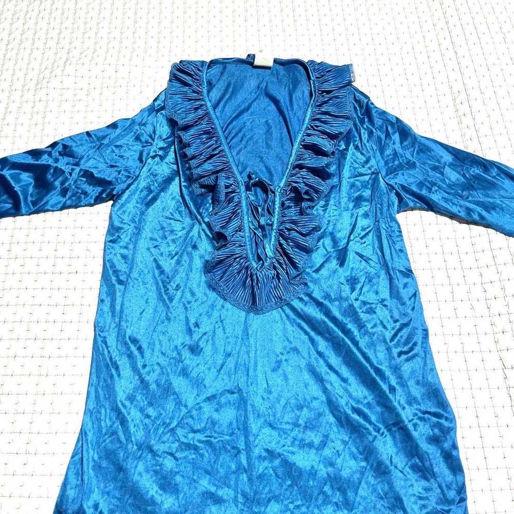 Frill Blouse Gather Top Tunic Blue Satin Vintage … - image 6