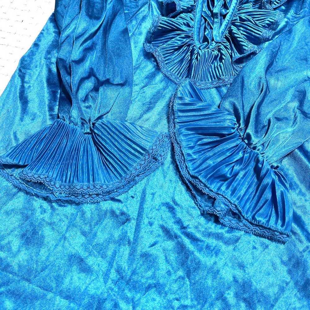 Frill Blouse Gather Top Tunic Blue Satin Vintage … - image 7