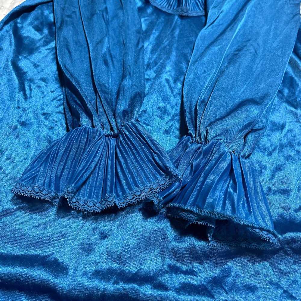 Frill Blouse Gather Top Tunic Blue Satin Vintage … - image 8