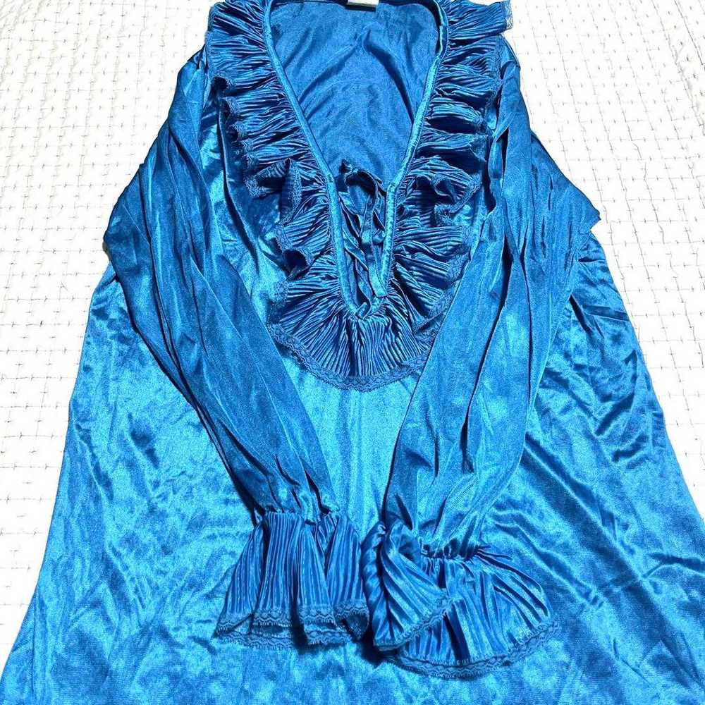 Frill Blouse Gather Top Tunic Blue Satin Vintage … - image 9