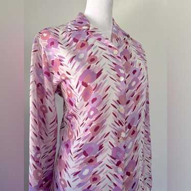 Vintage ‘70s Pink & Purple Floral Print Long Slee… - image 1