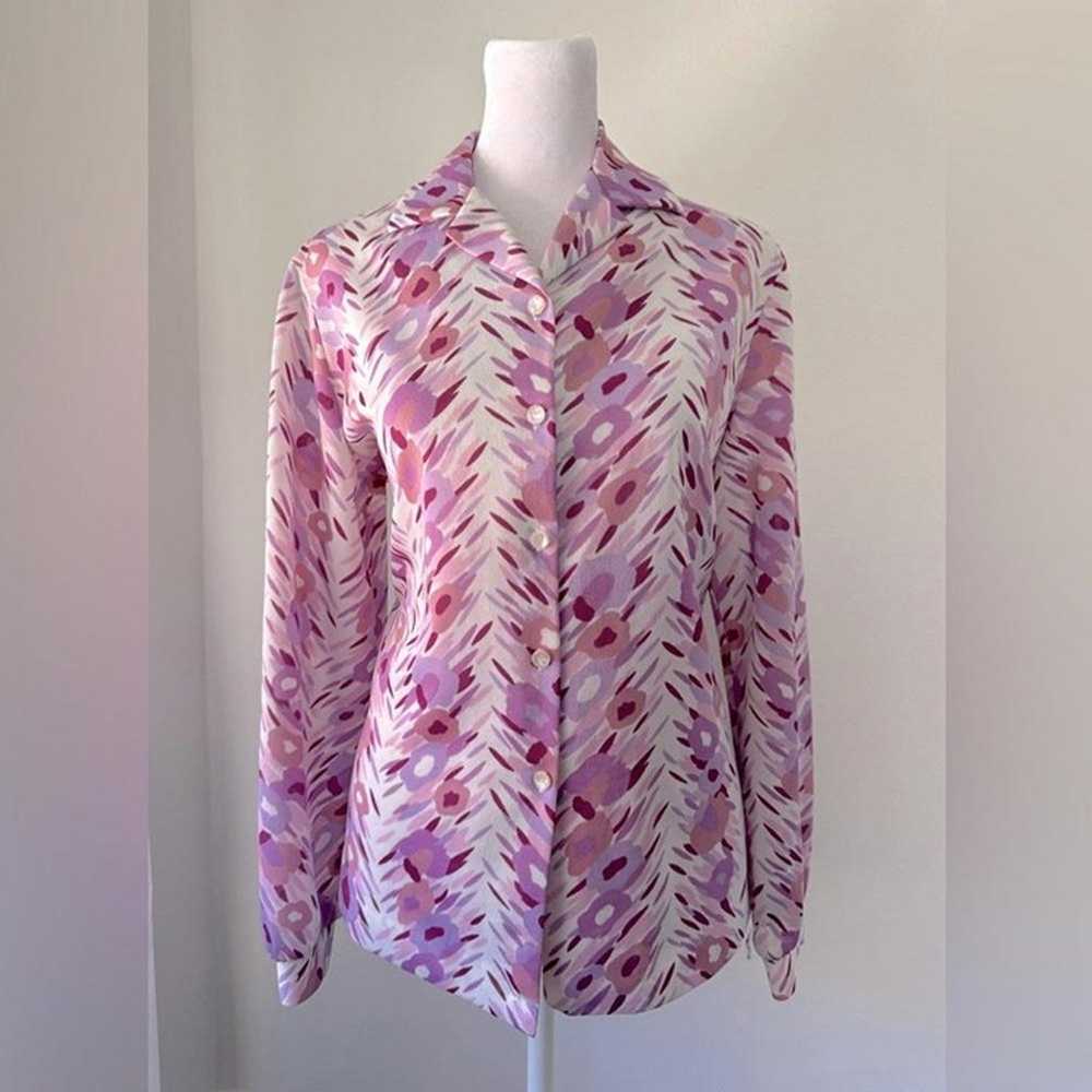 Vintage ‘70s Pink & Purple Floral Print Long Slee… - image 2