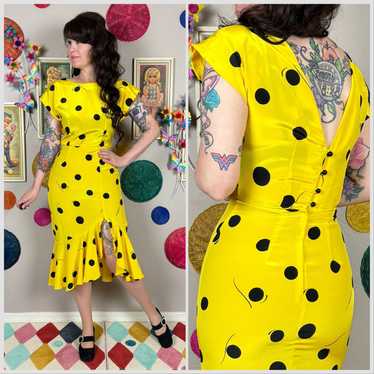 Vintage 80s Yellow Polka Dot Short Sleeve Asymmet… - image 1