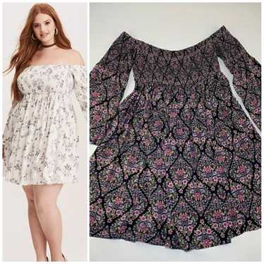 Torrid Purple Floral Print Smocked Bodice Off Sho… - image 1