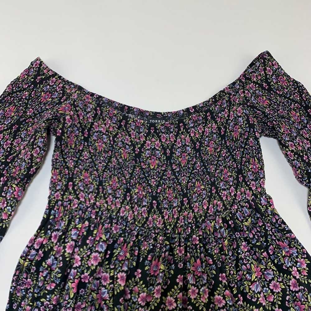 Torrid Purple Floral Print Smocked Bodice Off Sho… - image 3