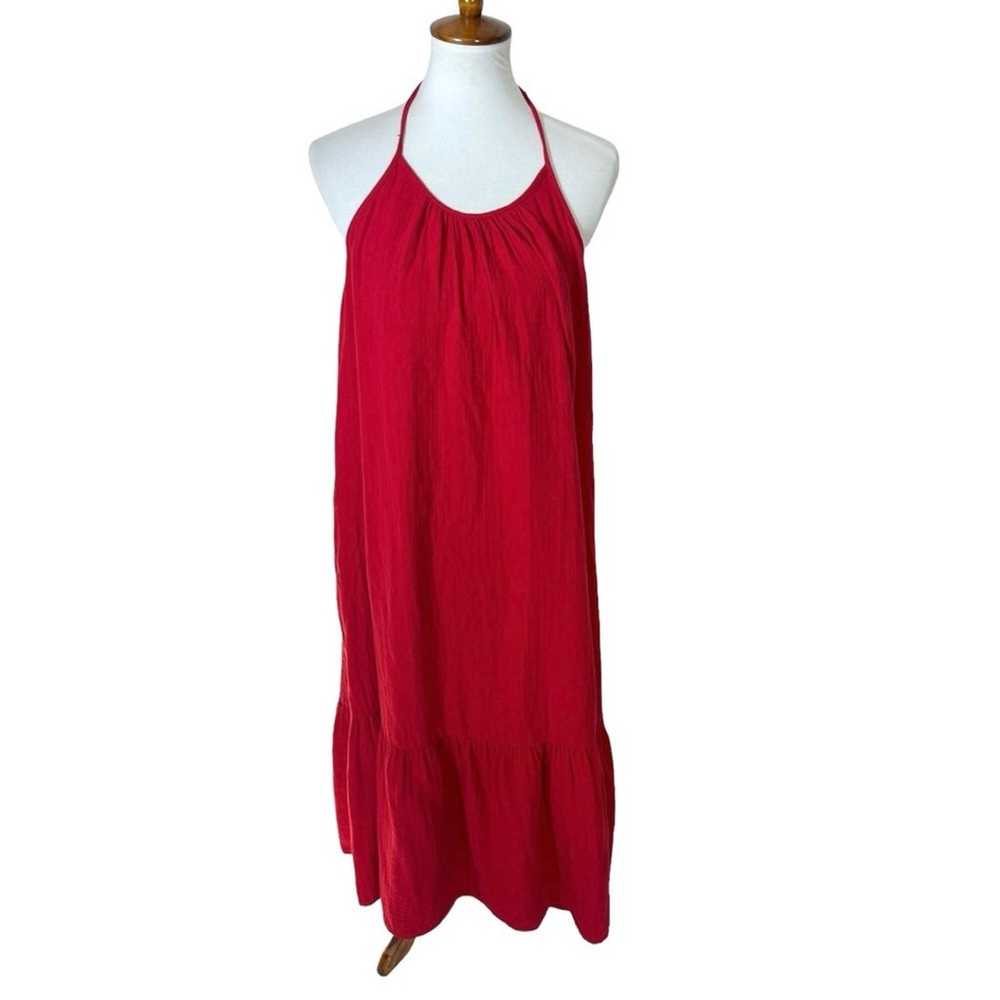 LOFT Red Smocked Cutout Back Halter Tie Neck Gauz… - image 2