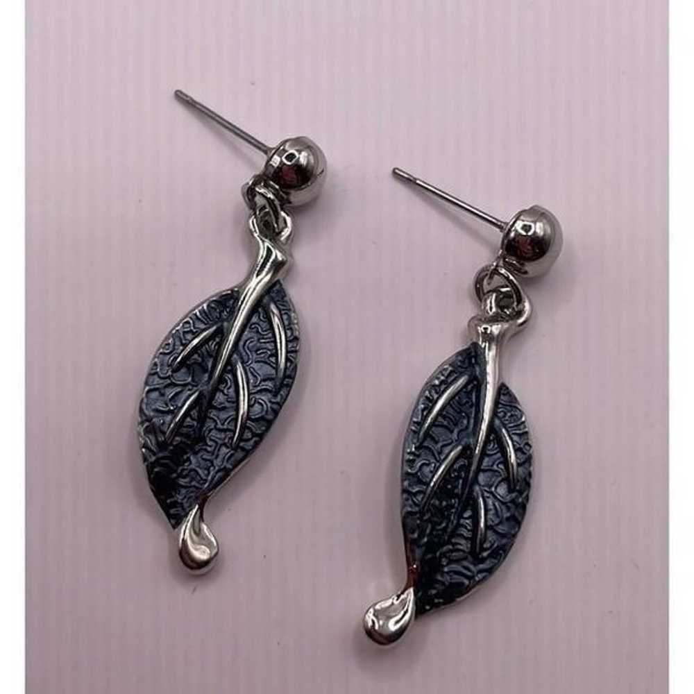 Vintage Silver Tone Blue Leaf Dangle Drop Stateme… - image 1