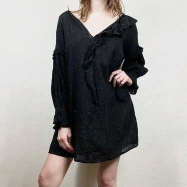 Zara Black Silver Metallic Ruffle Shift Dress