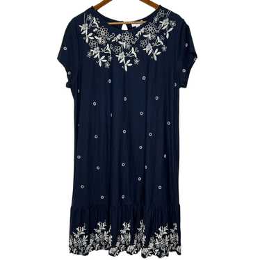 J Jill Navy Embroidered Dress L Boho Floral Short 