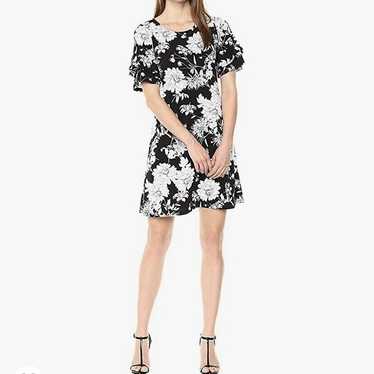 Karen Kane Ruffle Sleeve Dress Black White Floral 