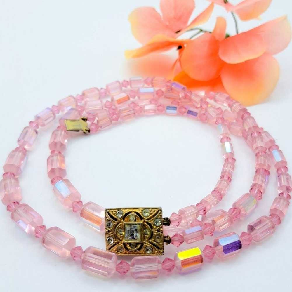 Vintage Double Strand Pink Crystal Glass Bead Nec… - image 1