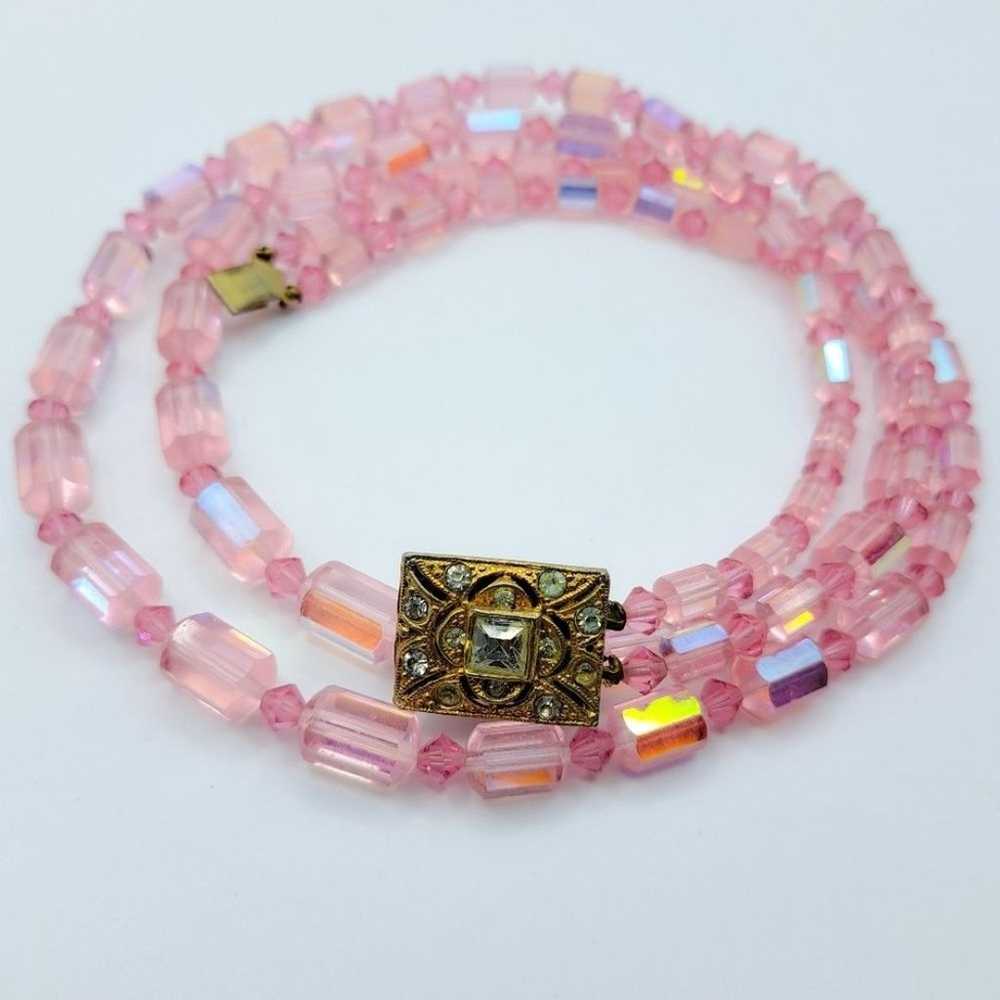 Vintage Double Strand Pink Crystal Glass Bead Nec… - image 2