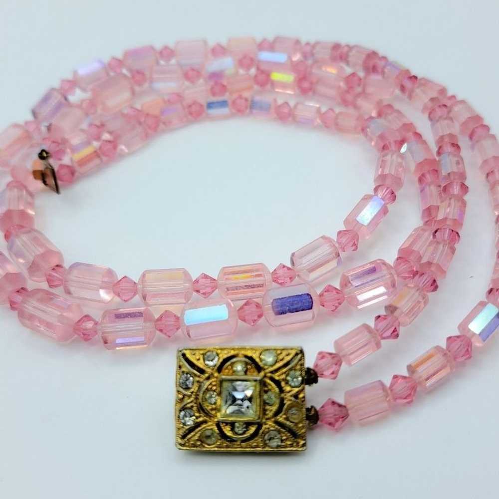 Vintage Double Strand Pink Crystal Glass Bead Nec… - image 4