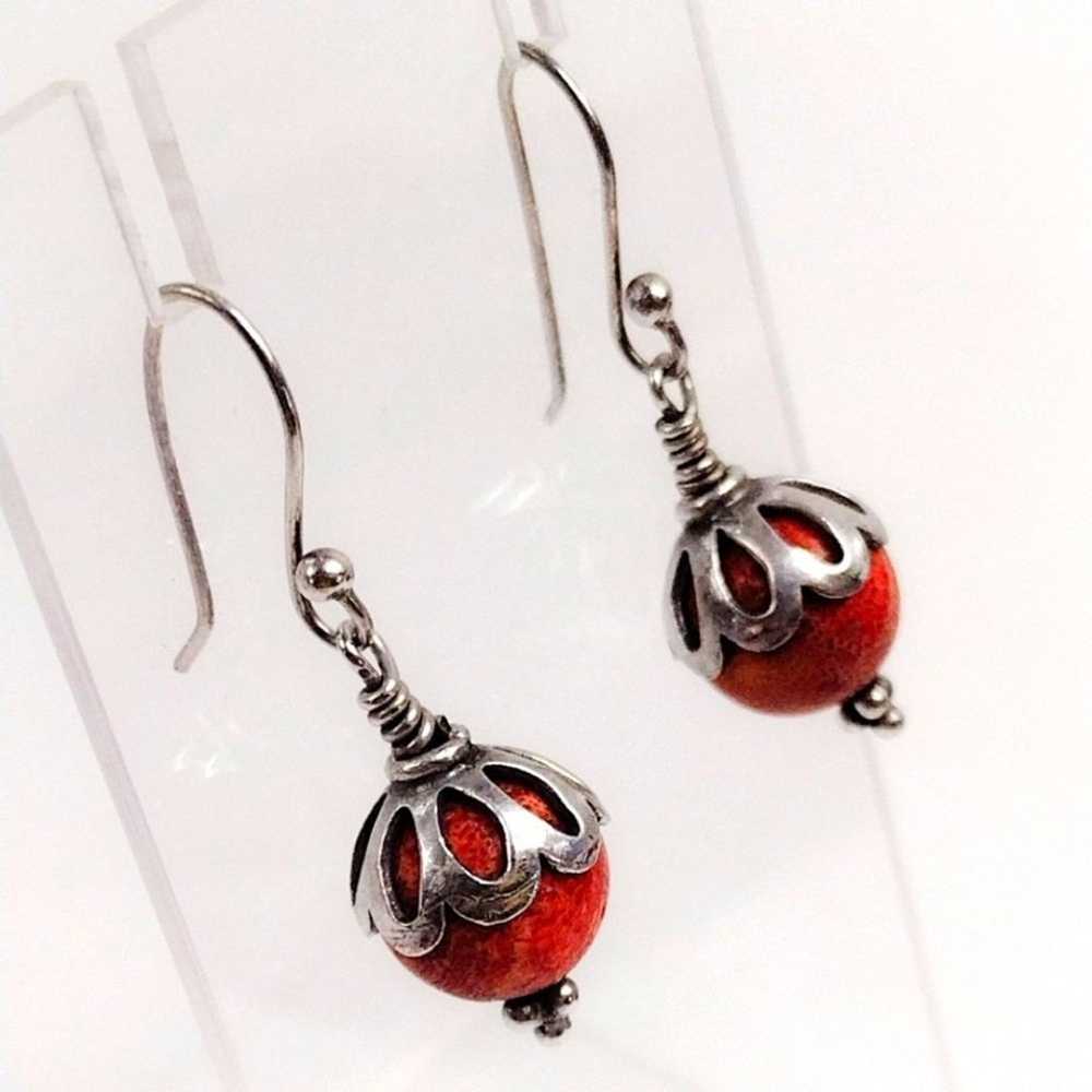 Vintage Navajo Apple Coral Silver Dangle Earrings - image 1