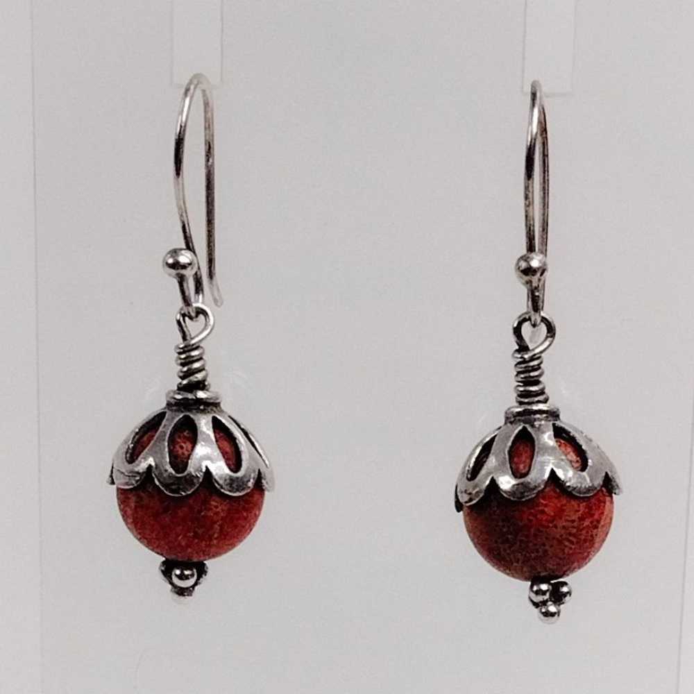 Vintage Navajo Apple Coral Silver Dangle Earrings - image 2