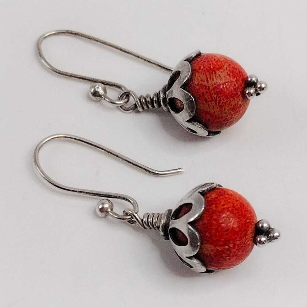 Vintage Navajo Apple Coral Silver Dangle Earrings - image 3