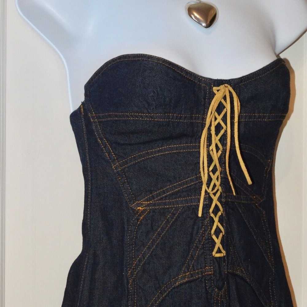 Vintage Strapless Y2K Barbie Lace Up Corset Denim… - image 3