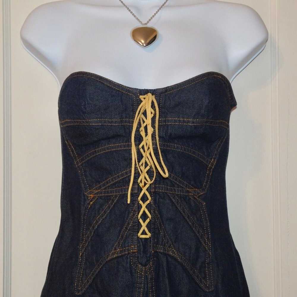 Vintage Strapless Y2K Barbie Lace Up Corset Denim… - image 9