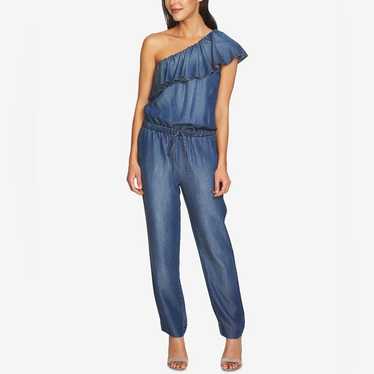 1. State Chambray One Shoulder Ruffle Jumpsuit