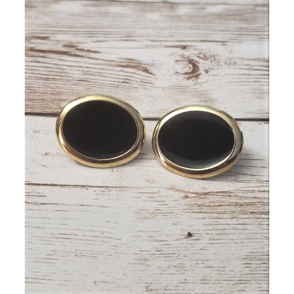 Vintage Clip On Earrings Black Oval with Gold Ton… - image 2