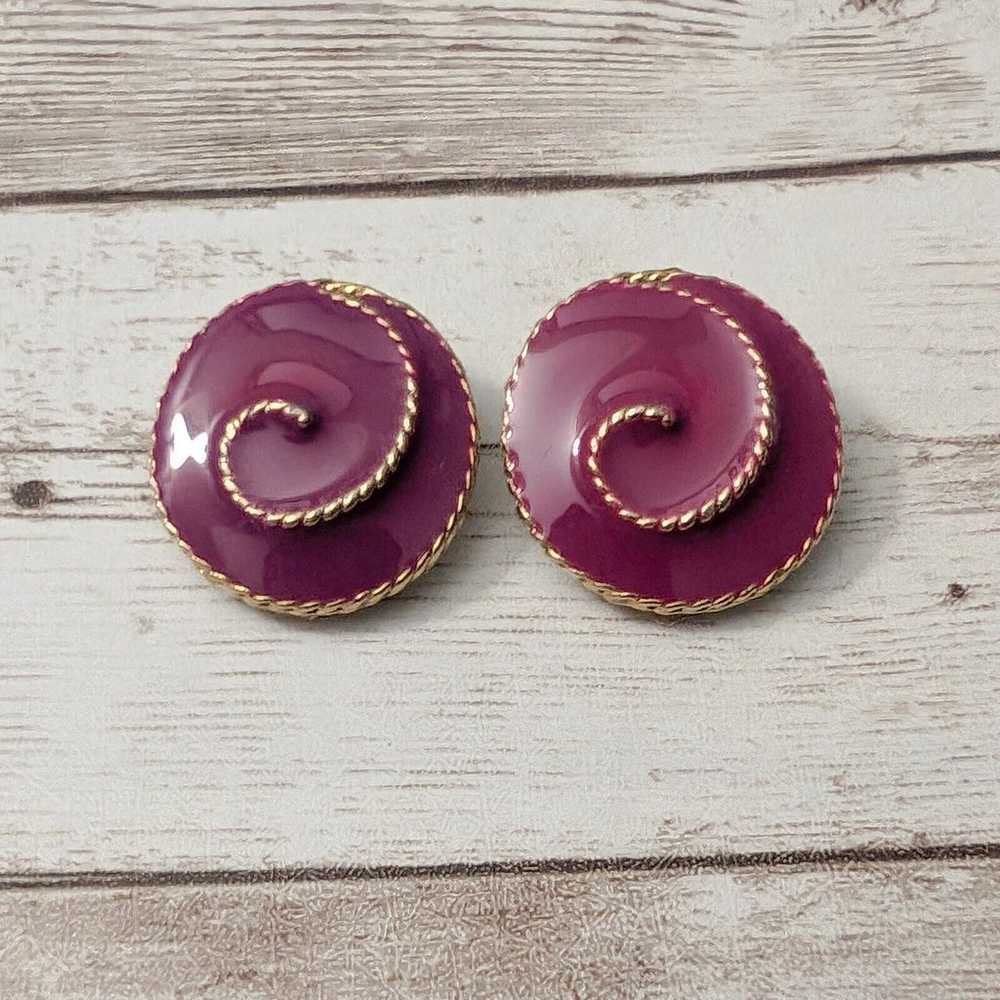 Vintage Clip On Earrings - Dark Fuchsia and Gold … - image 2