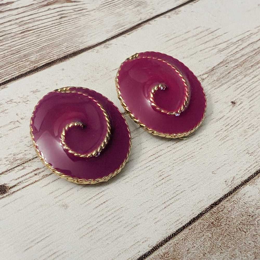 Vintage Clip On Earrings - Dark Fuchsia and Gold … - image 3