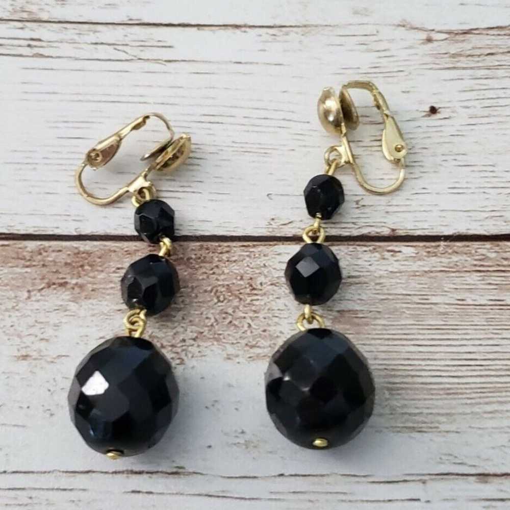 Vintage Clip On Earrings Trio of Black Beads Dang… - image 2