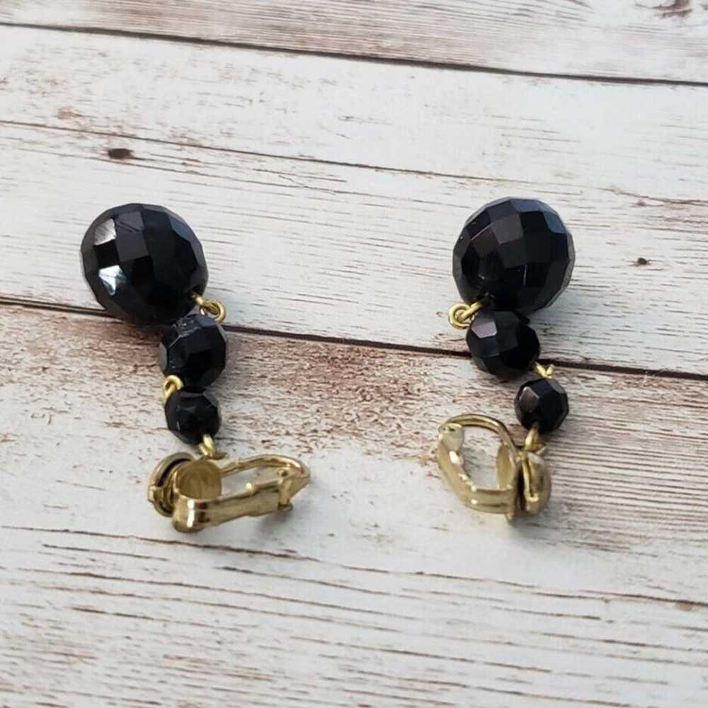 Vintage Clip On Earrings Trio of Black Beads Dang… - image 3