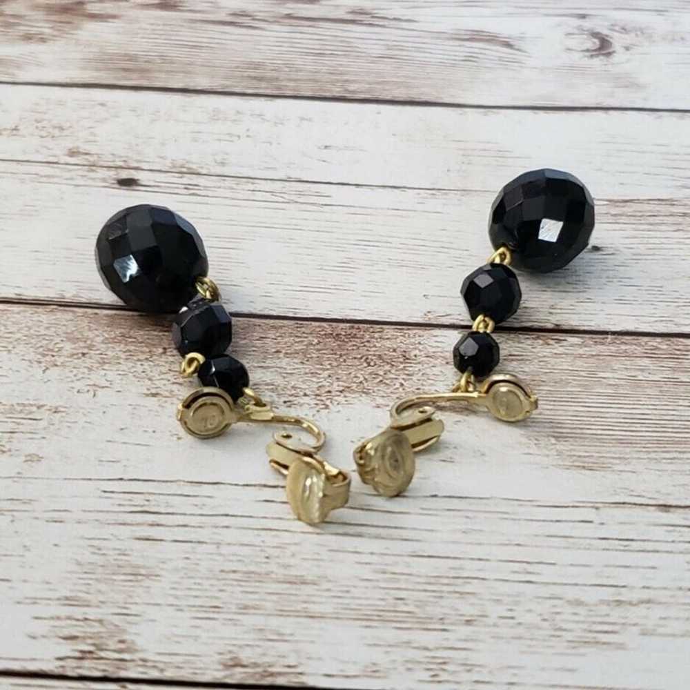 Vintage Clip On Earrings Trio of Black Beads Dang… - image 4