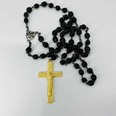 Vintage Black Wood Bead Rosary Cream Celluloid Co… - image 1