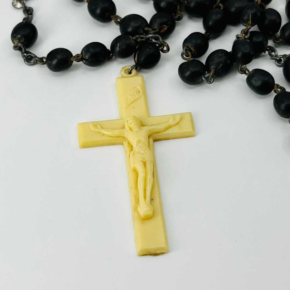 Vintage Black Wood Bead Rosary Cream Celluloid Co… - image 2