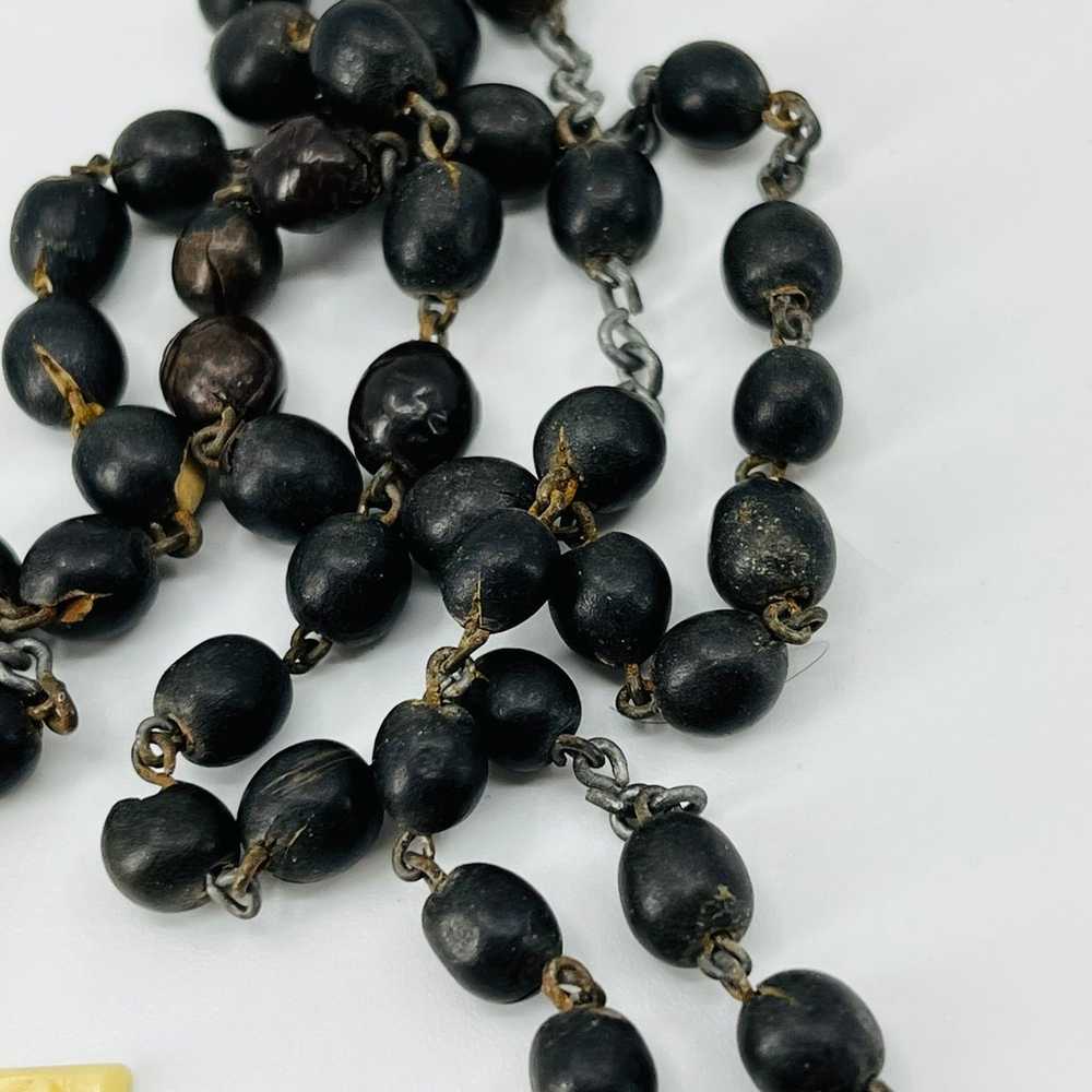 Vintage Black Wood Bead Rosary Cream Celluloid Co… - image 4