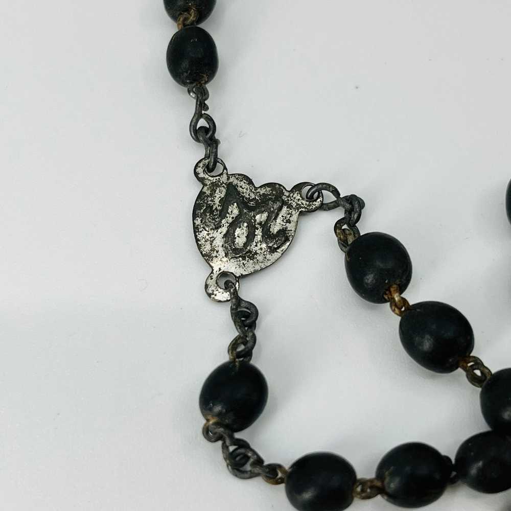 Vintage Black Wood Bead Rosary Cream Celluloid Co… - image 5