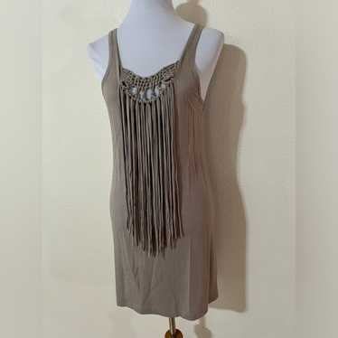 Trina Turk taupe fringe macrame mini shift dress … - image 1