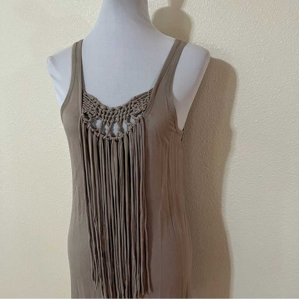 Trina Turk taupe fringe macrame mini shift dress … - image 2