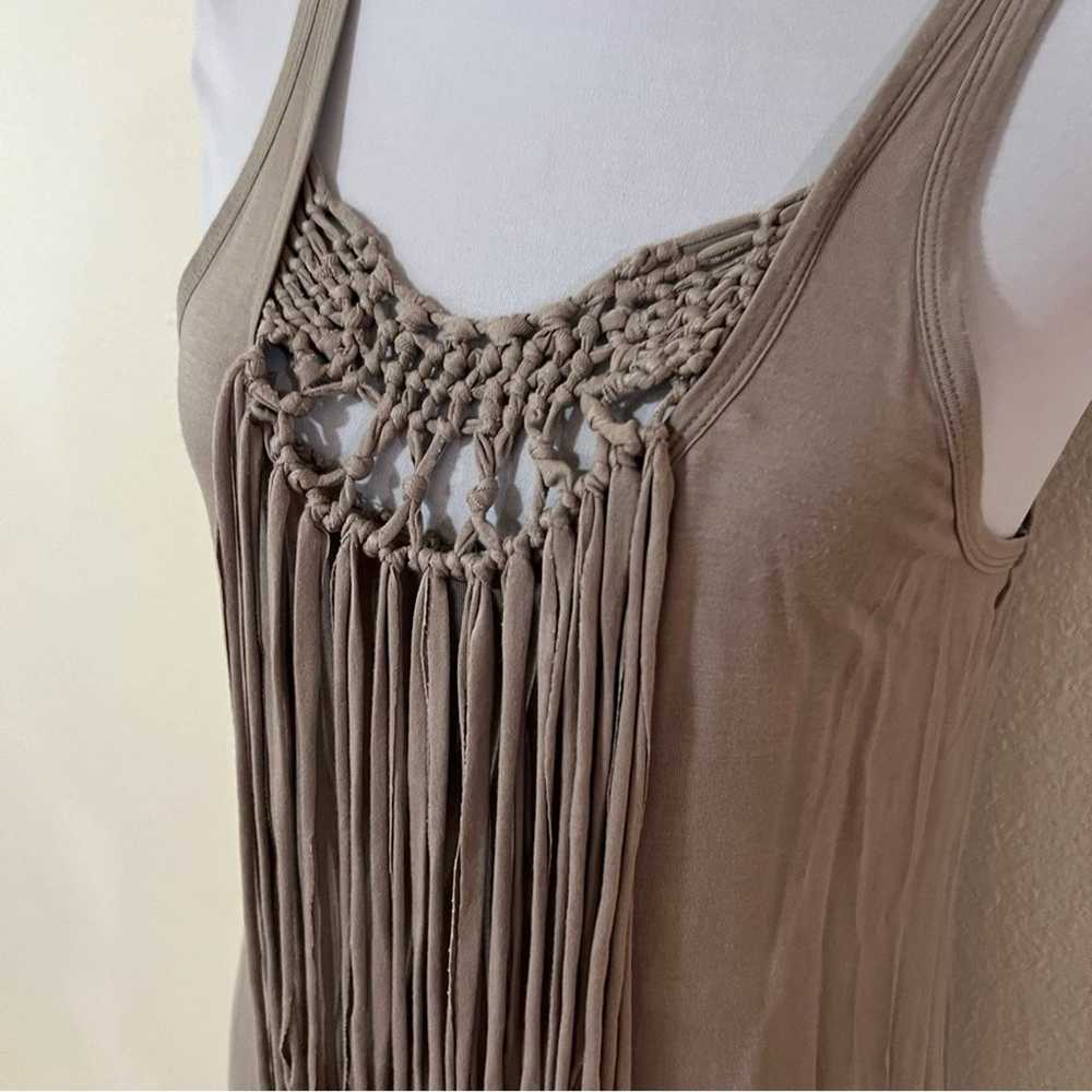 Trina Turk taupe fringe macrame mini shift dress … - image 3