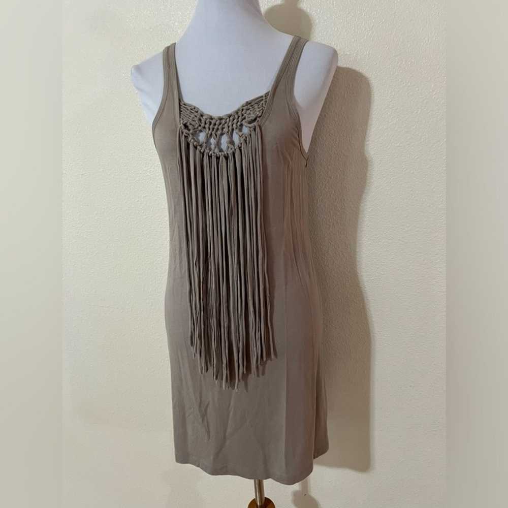 Trina Turk taupe fringe macrame mini shift dress … - image 7