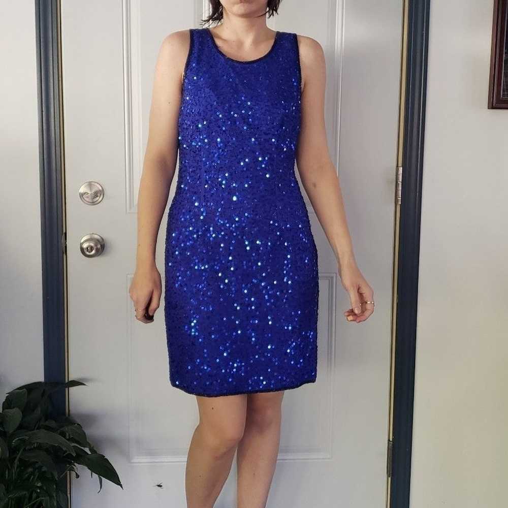 90s Blue Silk Sequin Covered Party Dress - image 1