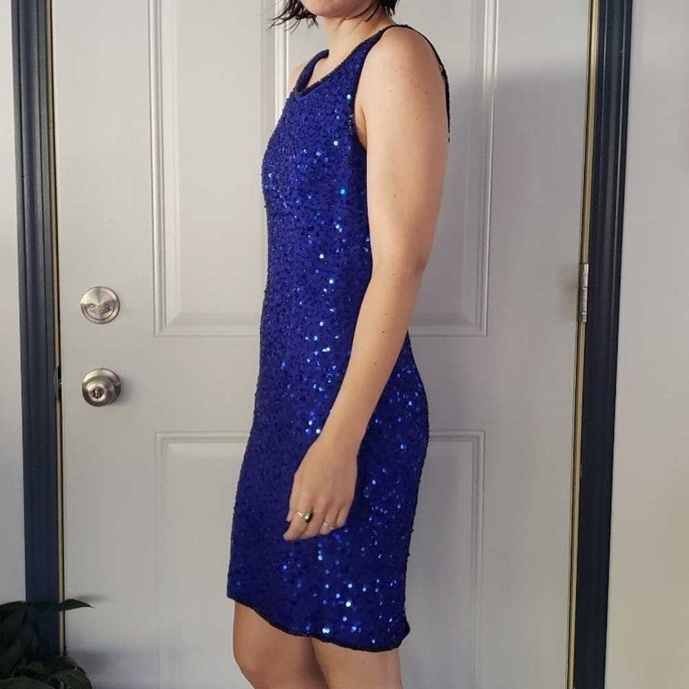 90s Blue Silk Sequin Covered Party Dress - image 2