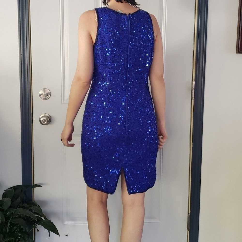 90s Blue Silk Sequin Covered Party Dress - image 3