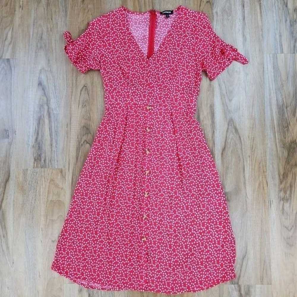 Express Red w/White Polka Dot Rayon Vneck Dress S… - image 1