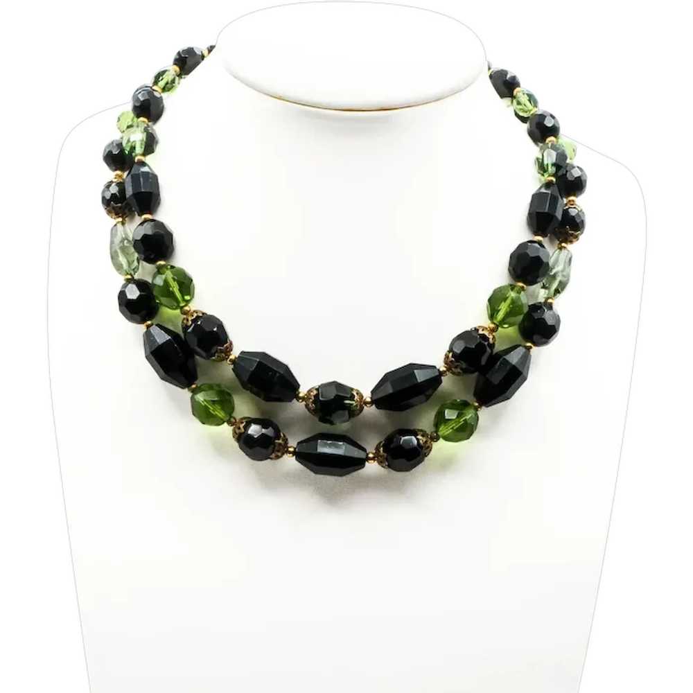 Vintage Crown Trifari Black & Green Double-Strand… - image 1