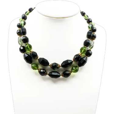 Vintage Crown Trifari Black & Green Double-Strand… - image 1