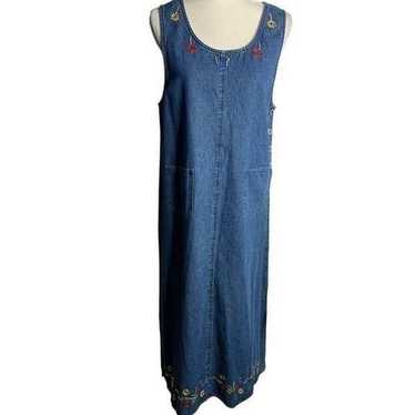 Vintage Embroidered Denim Pinafore Dress L Petite 